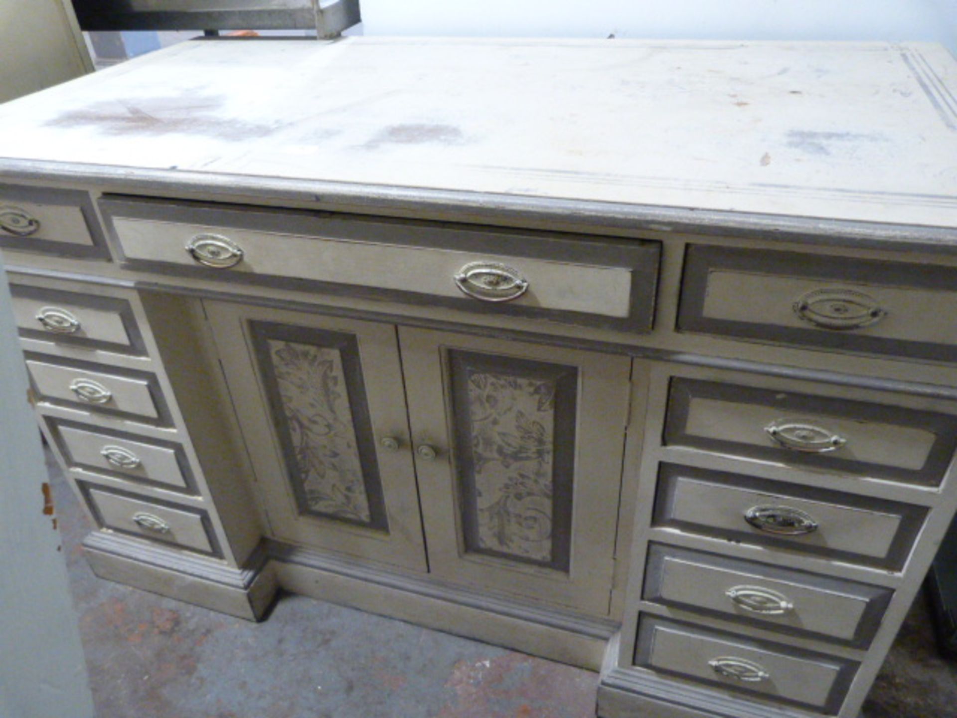 Vintage Shabby Chic Oak Desk with 11 Drawers and a