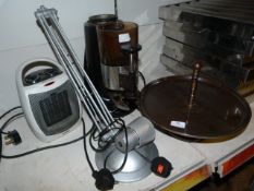 *Coffee Grinder, Metal Cake Stand, Heater, and an Anglepoise Lamp