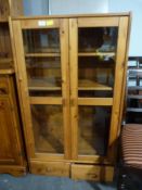 Small Glazed Pine Cupboard with Two Drawers (no ba