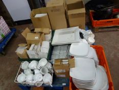 *Large Quantity of White China: Tea Cups, Plates, Various Serving Dishes, etc.