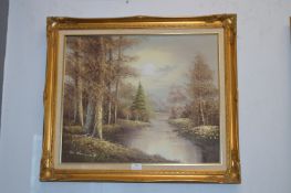 Gilt Framed Oil on Canvas by W. Norwood - Forest R
