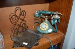 Green Vintage Style Telephone and Pair of Metal Bo