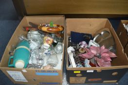 Two Boxes of Kitchenware, Pottery, Flasks, etc.