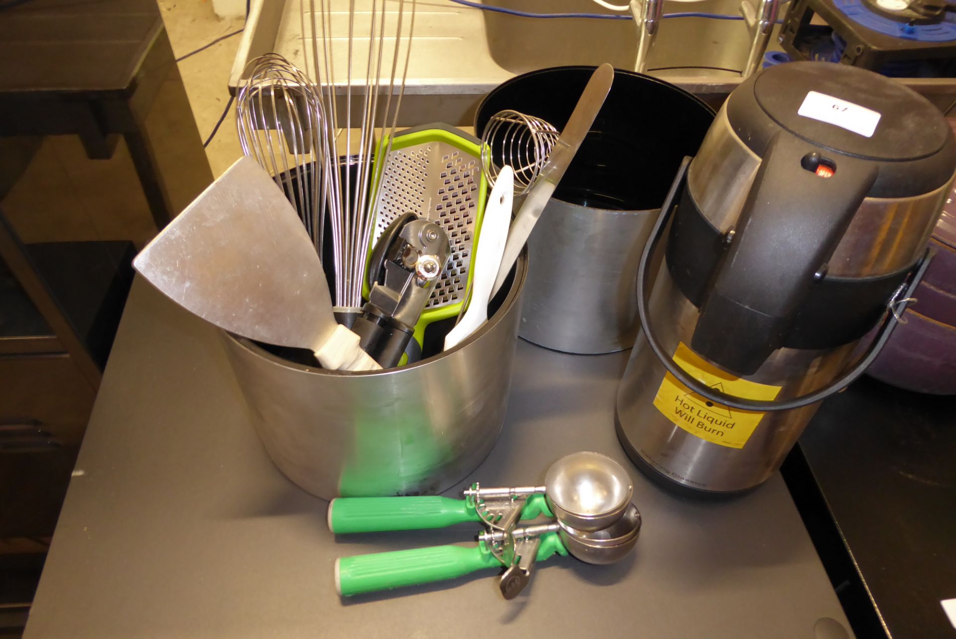 * collections of utentils - inc scoops, whisks, ice buckets and hot water dispensing flask