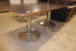 * 2 x low level square topped tables - brushed S/S pedestal bases with dark ash tops