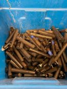 * large quantity of metal leg extensions in blue bottle bin