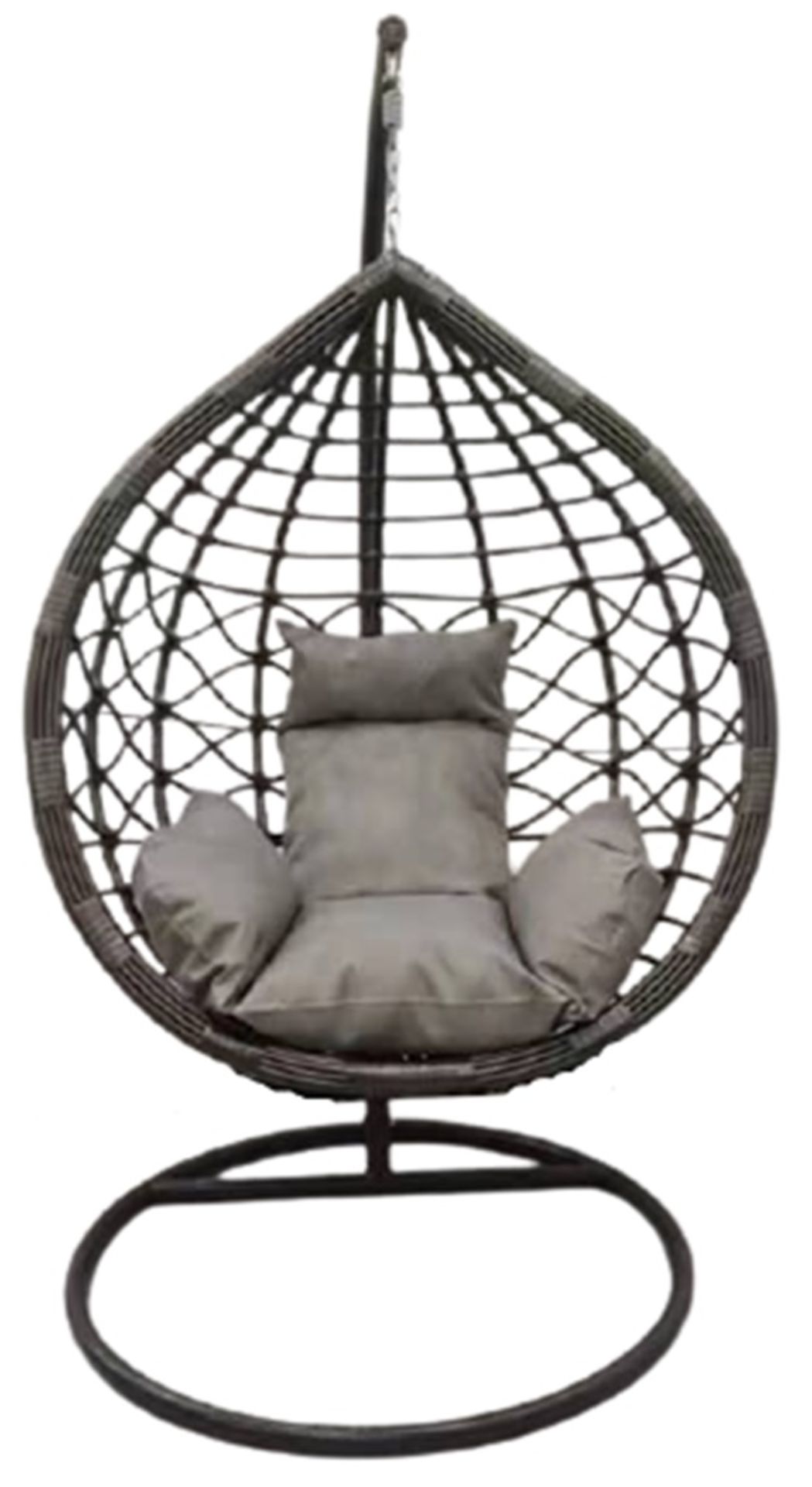 * Swing Chair - Grey Wicker, Grey Cushion. Chair; 108/70/125cm. Base 101cm Dia