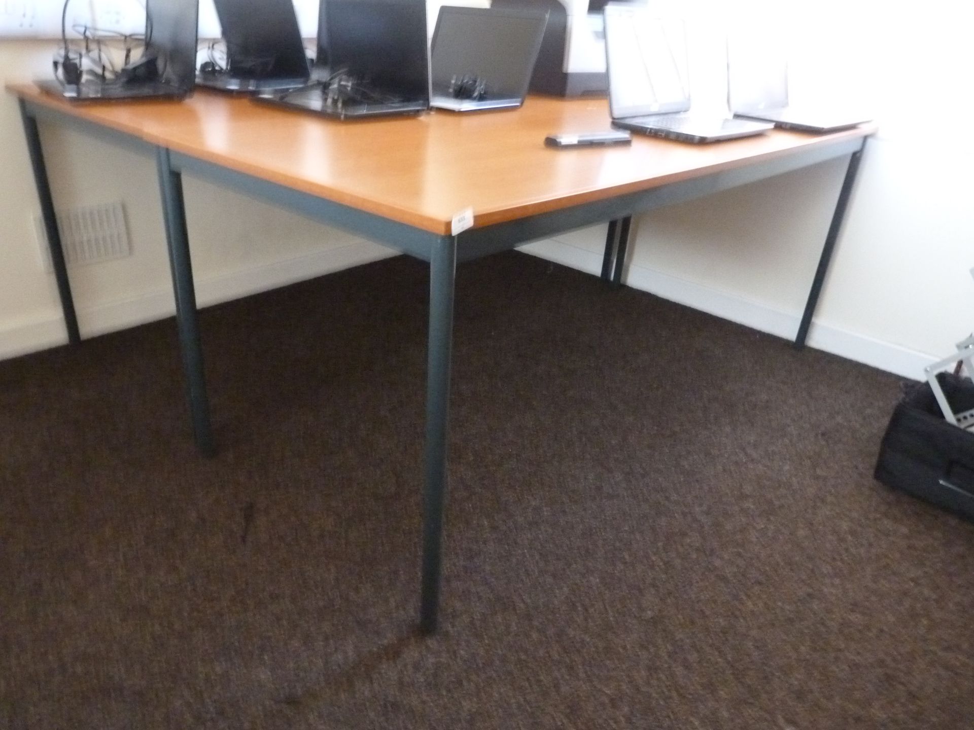 *Two Metal Framed Tables with Red Wood Finish Tops