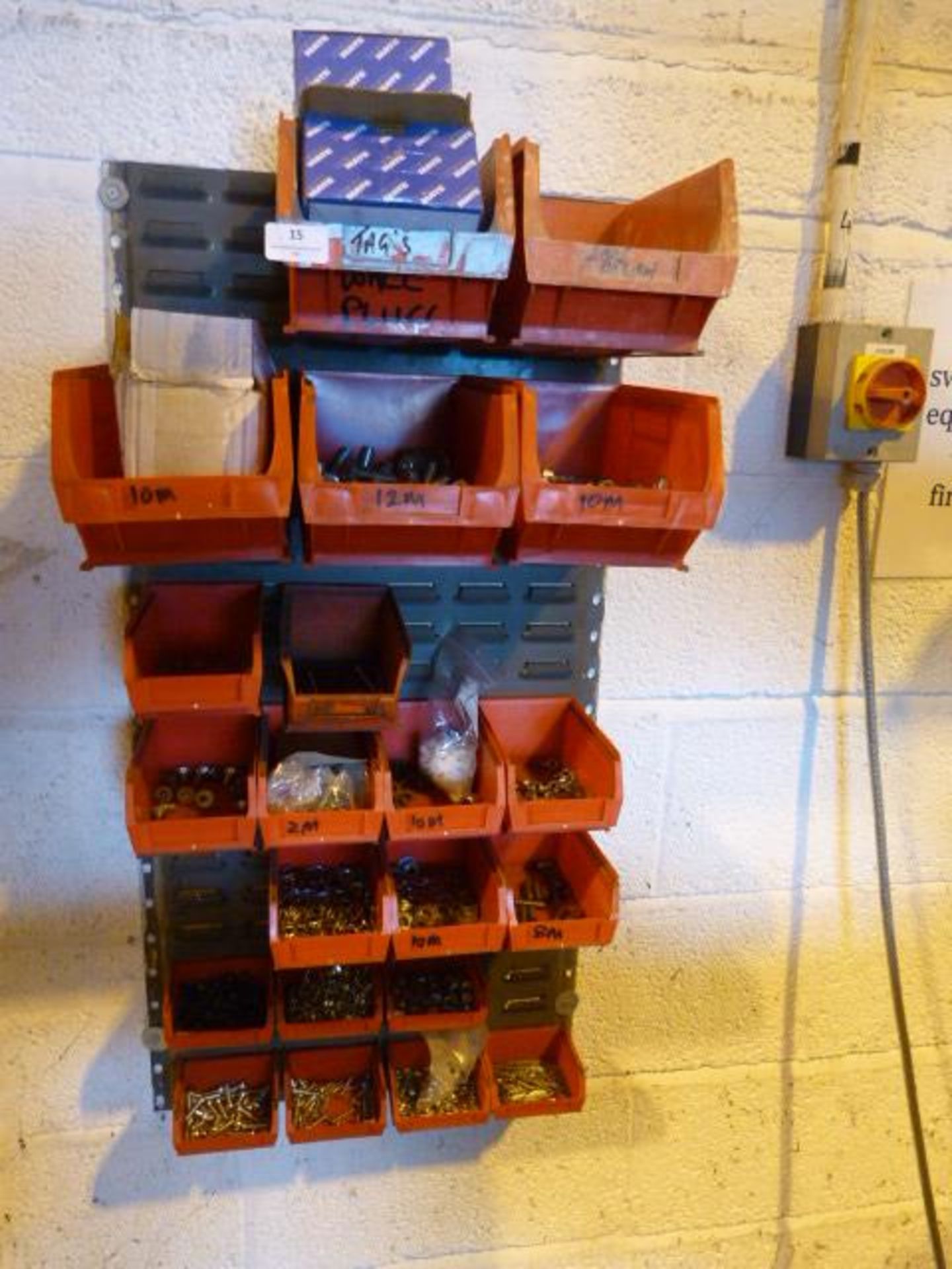 *Twenty-One Plastic Storage Bins, and a Wall Rack Containing Assorted Nuts, Bolts, Washers, etc.