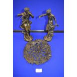 Pair of Spelter Figures and a Cast Iron Plaque