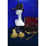 Early 20th Century Royal Navy Lt. Commander's Bicorn Hat with Epaulettes, Belt and Toleware Tin