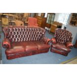 Red Leather Chesterfield Three Seat Sofa and Matching Armchair