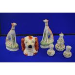 Pair of Staffordshire Hare Hounds plus Spaniel Moneybox, an Three Three Floral Blue Anchor Pots