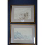 Two Framed Sepia Tone Watercolours of Bridlington and Whitby by Louisa & Charlotte Holt circa 1840