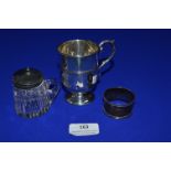 Hallmarked Silver Cup plus Napkin Ring, and Silver Lidded Glass Mustard Pot