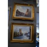 Pair of Gilt Framed Oil on Board Painting of Sutton Village by Tony Dempsey