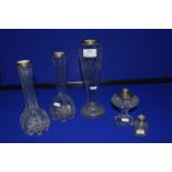 Five Cut Glass Vases etc. with Hallmarked Silver Rims