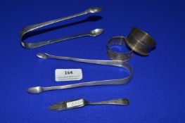 Two Hallmarked Silver Sugar Tongs, Two Napkin Rings, and a Small Knife, ~99g total