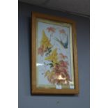 Victorian Framed Painted Glass Panel of Birds and Flowers