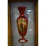 Victorian Cranberry Glass Vase with Gilded Decoration and Hand Painted Porcelain Plaque