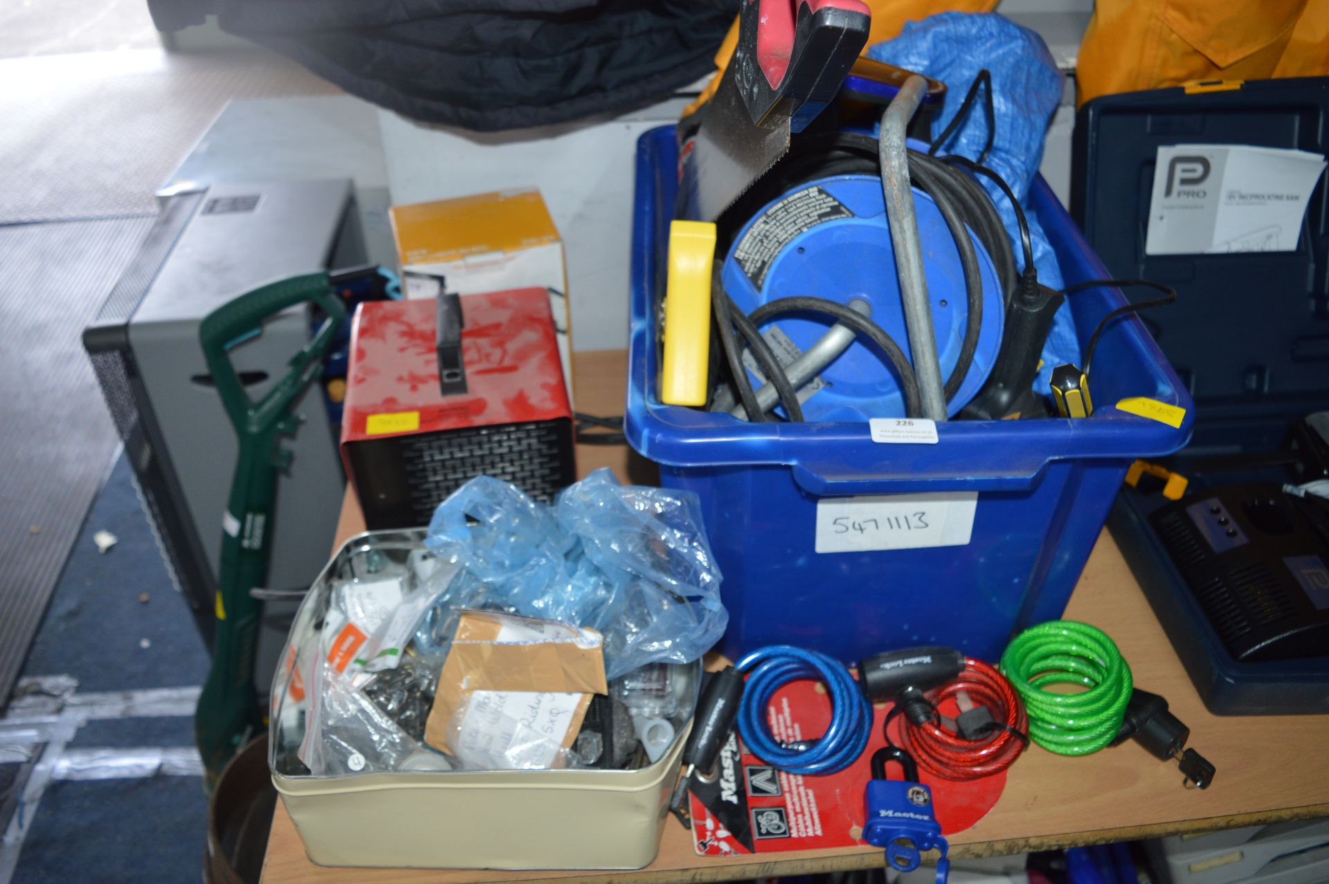 Workshop Heater, Lamp, Extension Reel, Bike Locks,