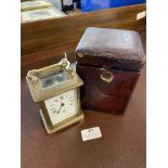 Continental Period Brass Carriage Clock with Enameled Face and Original Leather Case