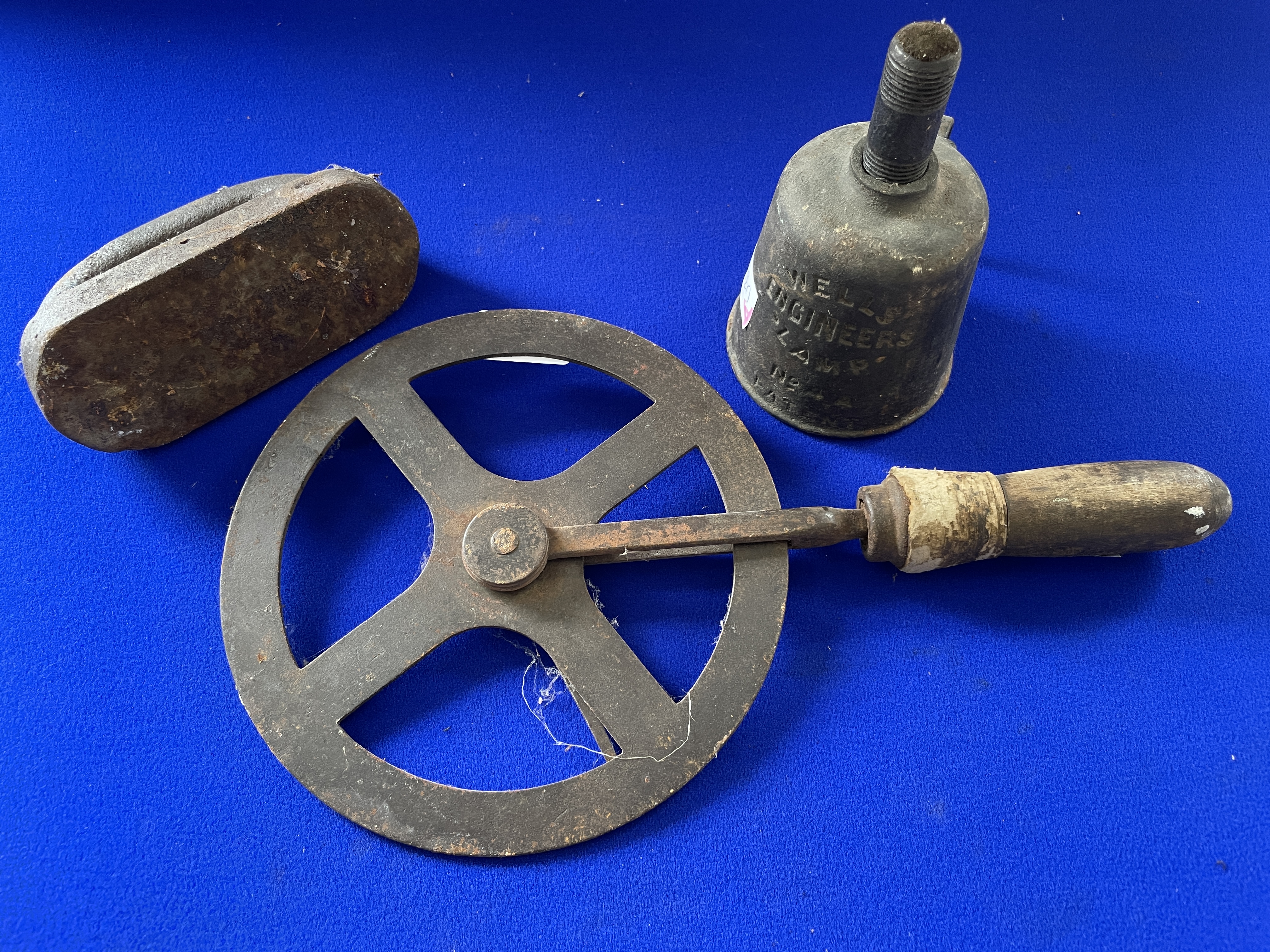 Vintage Measuring Wheel, Engineers Lamp, and an Iron - Image 2 of 2
