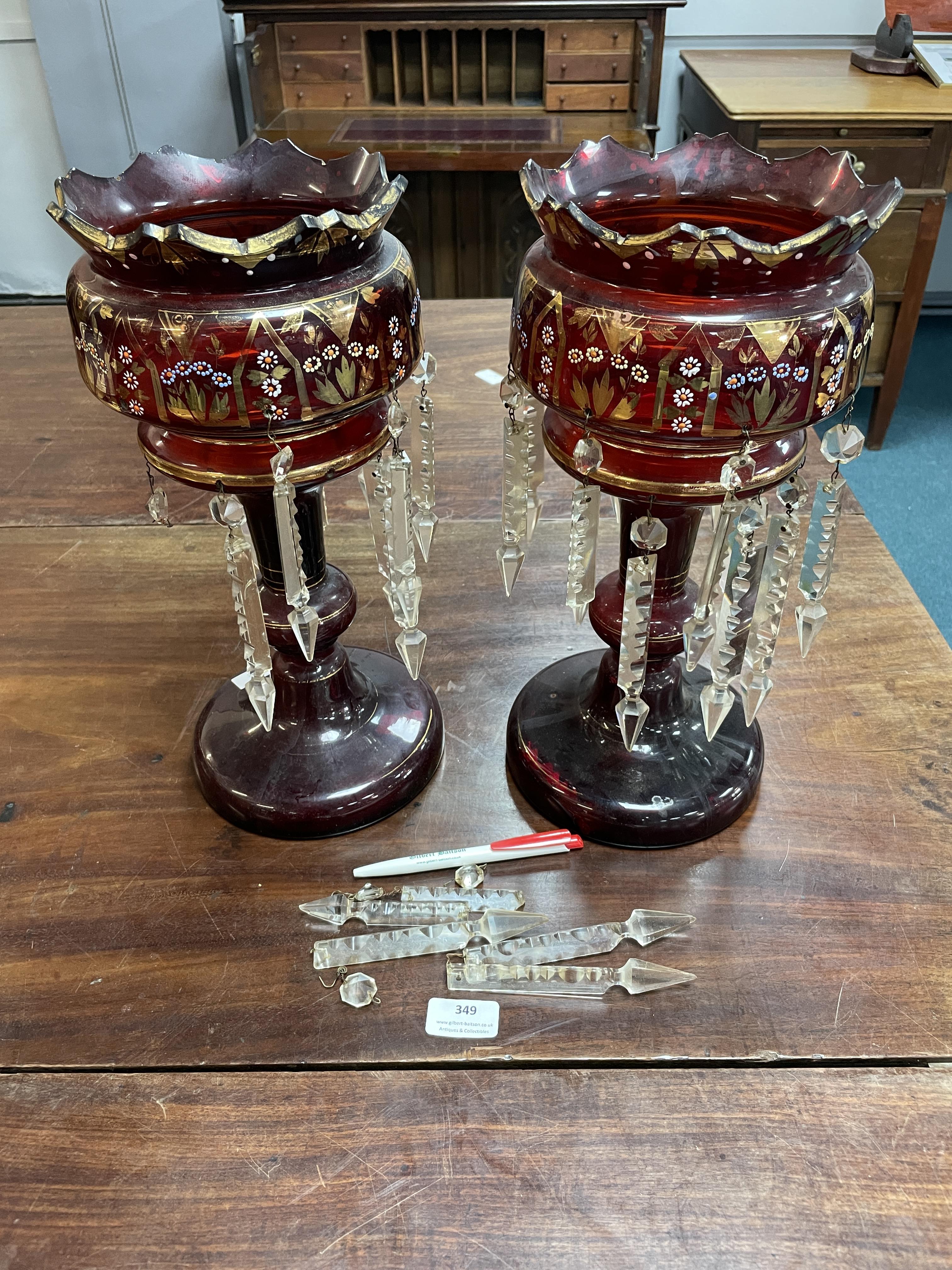 Pair of Victorian Cranberry Glass Lustres