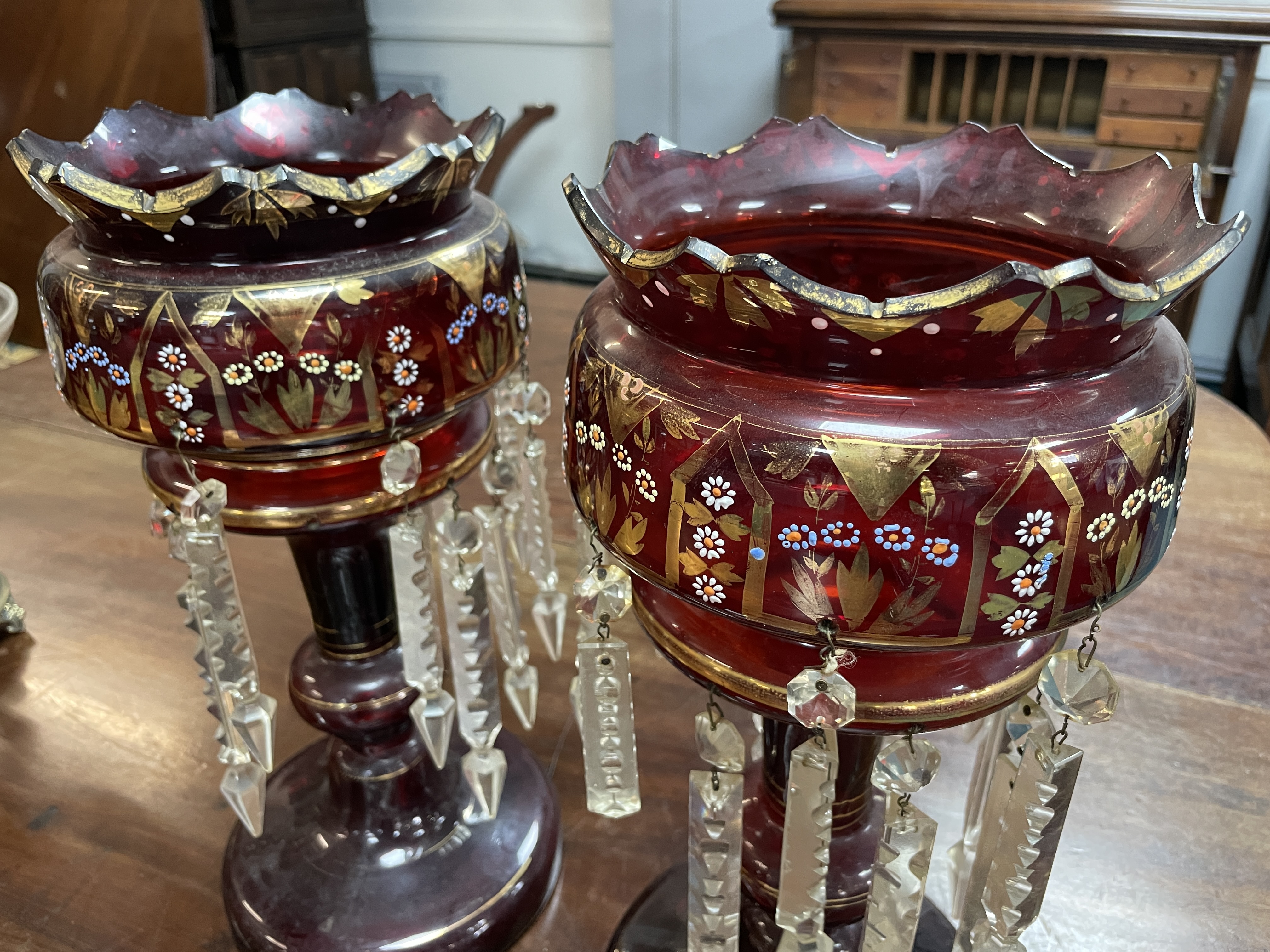 Pair of Victorian Cranberry Glass Lustres - Image 2 of 2