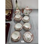 Oriental Egg Shell Tea Set plus Green Glass Decanter and Glasses