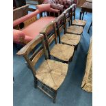 Five Victorian Oak Rush Seat Chapel Chairs