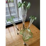 Silver Plate Epergne with Green Glass Vases