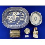 Blue & White Willow Pattern Meat Plate, Staffordshire Figure, Miniature Cup & Saucer and a Plate