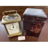 Continental Period Brass Carriage Clock with Enameled Face and Original Leather Case