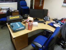 *Office Desk with Drawer Pedestal and Right Hand Return, and Blue Office Chair