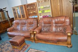 Three Seat Brown Leather Sofa on Wooden Frame, Two