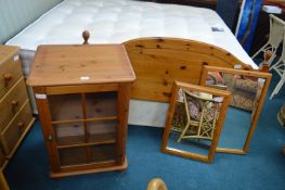 Small Solid Pine Glazed Cabinet, Single Bedhead and Two Mirrors