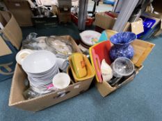 Two Boxes of Pottery Items, Vases, Chopping Boards