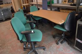 *Six Green Swivel Office Chairs and an Office Table with Partition Backing 180x90cm