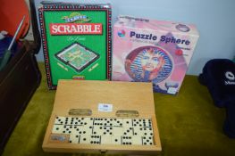 Wooden Cased Dominoes Set, plus Scrabble, and Puzz