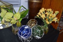 Three Decorative Glass Fishing Floats plus Artific