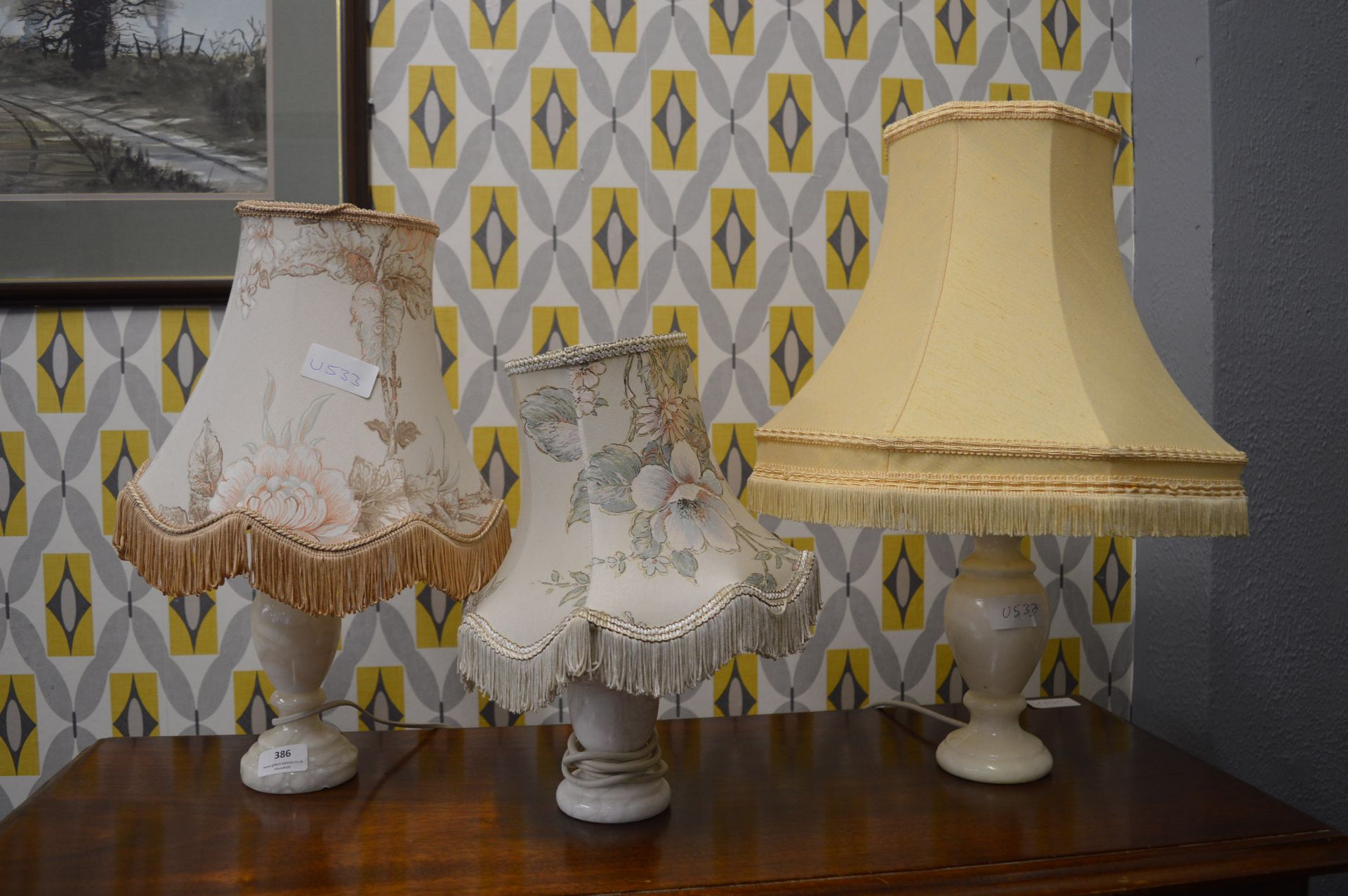 Three Agate Table Lamps with Cream and Floral Shad