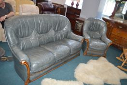 Grey Leather Three Seat Sofa plus Armchair