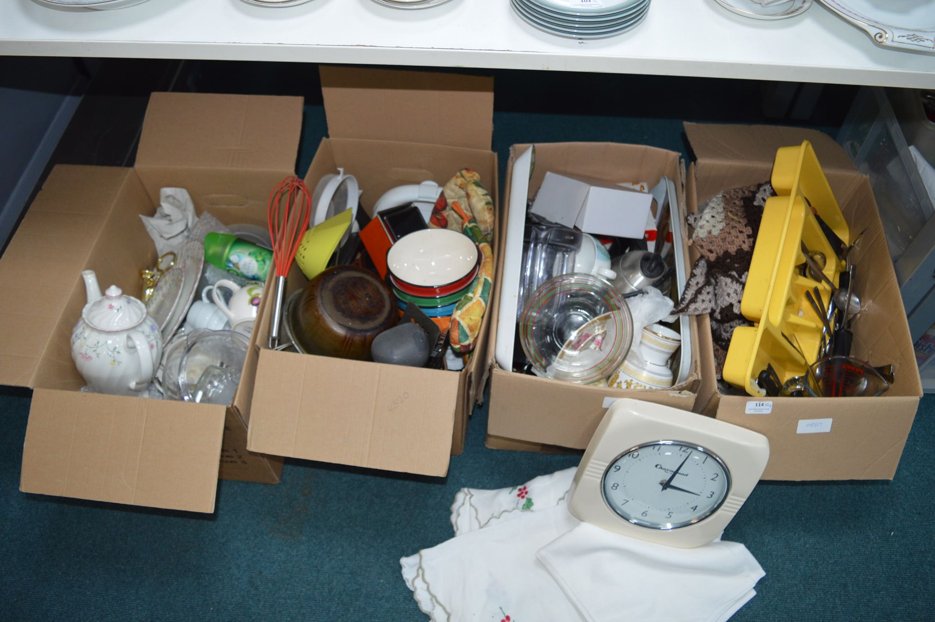 Four Boxes of Kitchenware, Pottery, Tablecloths, e