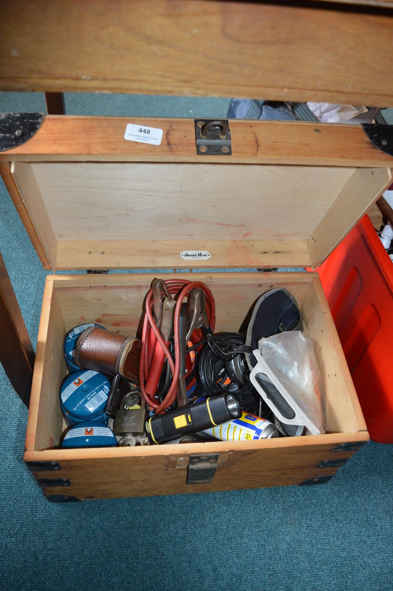 Wooden Chest Containing Tools, Jump Starter Cables