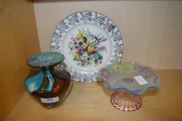 Signed Studio Glass Vase plus Floral Plate and Gla