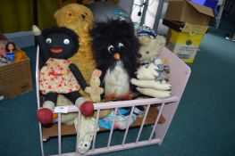 Vintage Dolls Cot Containing Teddy Bears and Soft