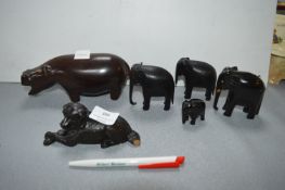 carved Wooden Elephants, Hippopotamus, etc. (some