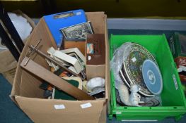 Two Boxes of Household Goods; Pottery Plates, Deco