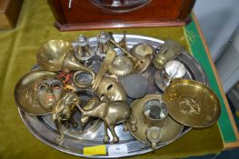 Tray of Metalware; Candlesticks, Brassware, etc.